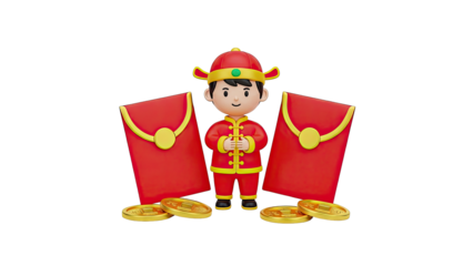 Chinese New Year 3D Character with Red Envelopes and Gold Coins