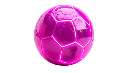 A vibrant, futuristic soccer ball design glows with neon light along its geometric panel edges, floating on a black background