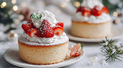 Two cakes topped with strawberries and whipped cream sit on white plates. The scene shows a festive table with green and gold decorations and soft lighting.