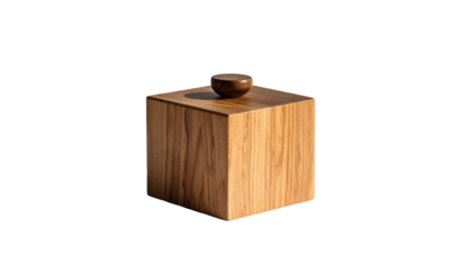 A simple wooden cube with a small, round lid on top, isolated against a black background. Warm tones and natural textures are highlighted