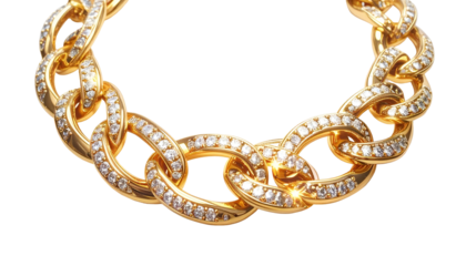 Close-up of a luxurious, gold chain bracelet, meticulously crafted with sparkling diamonds set into each oval link. The details glitter