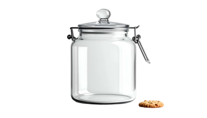 A transparent, glass container with a hinged lid stands upright. A lone cookie sits on a flat surface beside it against a stark black backdrop