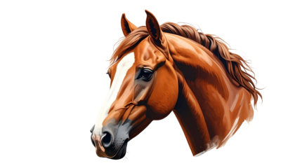 Chestnut horse head portrait, white blaze, brown mane, realistic style against black