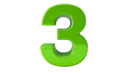 A vibrant, glossy green 3D rendered number three floats against a stark black background, emphasizing its digital aesthetic