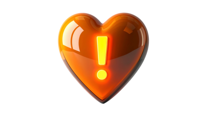 Glossy, orange heart on black background with a glowing exclamation point inside, suggesting a warning or important message