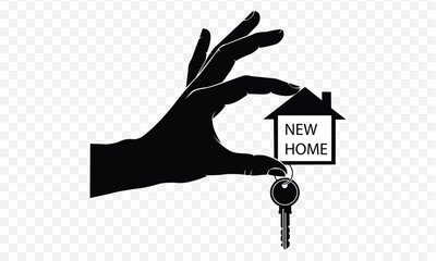 Hand holding a small house icon with keys, representing new home ownership, real estate, or property purchase concept