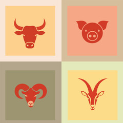 Four chinese zodiac animal signs icons ox, pig, goat, and antelopegazelle in colorful squares