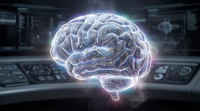 Glowing brain anatomy displayed with high tech interface