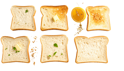 Overhead shot displays six slices of toasted bread, some with toppings, and a half lemon