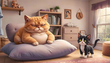 A grumpy chubby cat resting on a cushion while a small kitten stands nearby in a cozy indoor room