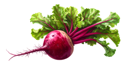 A vibrant, realistic illustration of a red beet with leafy green tops on a dark background