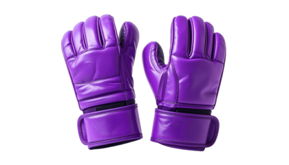 Pair of bright purple gloves with black wrist straps, perfect for protection. They are on a pure black background