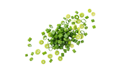 Freshly chopped emerald green onions (scallions) with flat blades and hollow rings, scattered on a pristine transparent background with copy space, high-key overhead studio food photography, healthy