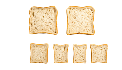 Sliced bread, six golden-crusted pieces arranged on a stark black backdrop. Varied sizes, suggesting cutting techniques