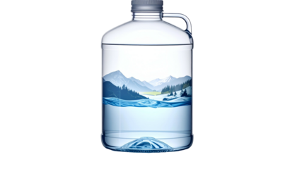 A translucent, oversized water container with a handle, displaying a scenic landscape of mountains, forests, and water