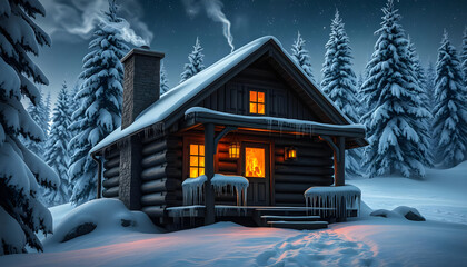 Cozy wooden cabin glowing with warm light surrounded by snow-covered pine trees on a winter night