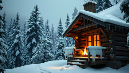 Rustic wooden cabin entrance with glowing firelight surrounded by snow-covered trees in a winter forest