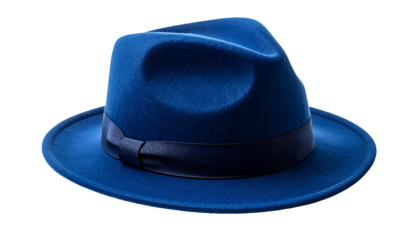 A vibrant, close-up photograph showcasing a classic fedora hat in rich azure. The hat has a dark band. The composition emphasizes detail, isolating the object on a voided backdrop