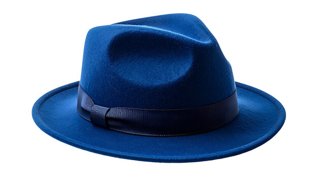 A vibrant, close-up photograph showcasing a classic fedora hat in rich azure. The hat has a dark band. The composition emphasizes detail, isolating the object on a voided backdrop