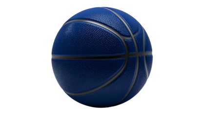 A 3D render of a standard basketball in a rich, dark blue color. The ball has black lines, a textured surface, and is isolated on a black background
