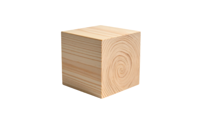 A 3D rendered cube of light wood grain against a solid black backdrop, showing intricate swirls and linear textures