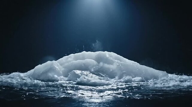 Large Ice Block Melting Rapidly in Water with Dramatic Spotlight Lighting Against Dark Blue Background Showing Splashes and Ripples