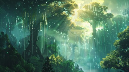 Digitally rendered pixel forest merging nature and code for concepts in virtual ecology and simulation theory 