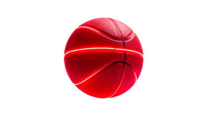 A vibrant, neon-lit basketball, rendered against a stark black background. The ball features glowing lines and a textured surface