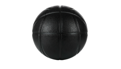 A close-up shot of a textured, matte-black basketball centered against a stark, black background, highlighting its seams and spherical form