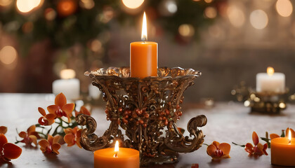Elegant Table Arrangement with Orange Candles and Flowers in an Ornate Vintage-Style Bronze Holder
