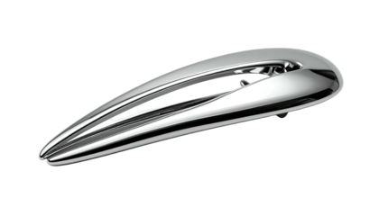 A close-up studio rendering of a polished, chrome-like object with a smooth, elongated teardrop shape, set against a black background