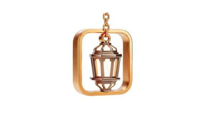 Gold Islamic Lantern with Chain Hanging in a Square Frame