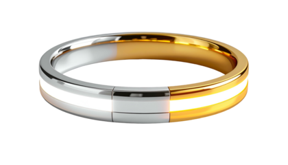A close-up view presents a two-toned band, crafted from two distinct metal colors, polished to a shiny finish against a black backdrop