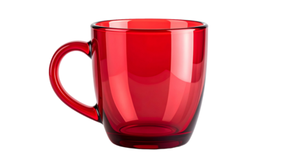 A vibrant, translucent red glass mug with a curved handle. It's set against a deep black background, highlighting its glossy finish