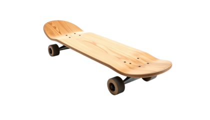 A wooden skateboard with black trucks and brown wheels sits at a slight angle on a black background, with visible fasteners