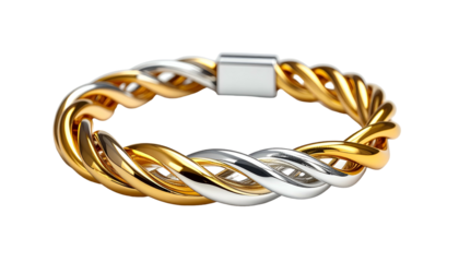 Close-up of a circular bracelet featuring interwoven strands of polished gold and silver metal, fastened with a simple clasp