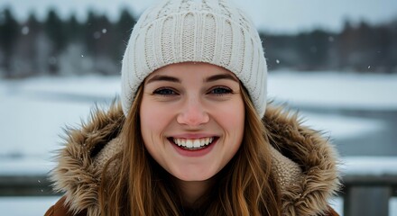 Woman Wearing White Beanie and Fur Lined Jacket Smiling in Snowy Outdoor Setting happy winter