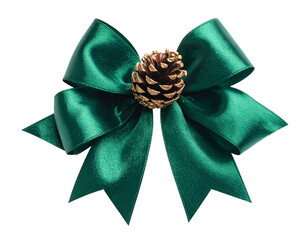 A lush, emerald green satin bow with a gilded pinecone centerpiece, on a black backdrop