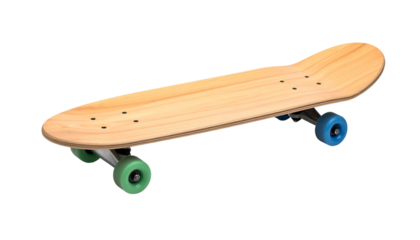 A light-brown wooden skateboard with colorful wheels and trucks, presented against a black background