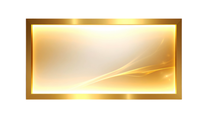 A luminous, gold-bordered rectangular frame glows against a black background. Internal highlights and elegant flowing lines add sophistication