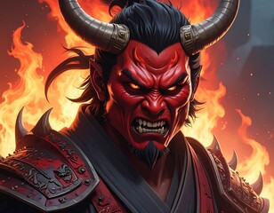 Close-up of a fearsome red demon with horns and fiery backdrop