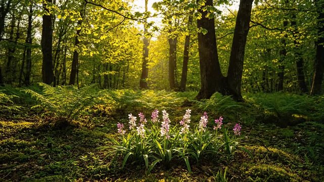 A serene forest scene with pink flowers in the foreground and sunlight filtering through trees in the background, casting dappled shadows on the mossy forest floor with lush greenery.