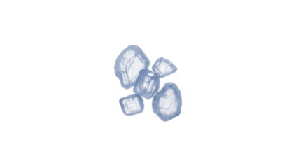 Coarse, translucent white and light blue sea salt crystals softly descending on a brilliant white background, captured in photorealistic macro with soft high-key studio light. Concept of purity and