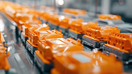 Rows of orange EV battery packs on an assembly line. Illustrates modern manufacturing, electric cars, and clean energy.