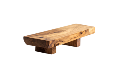 A natural-edged wooden platform, elevated on two rectangular supports, floats against a stark black background, emphasizing its natural grain
