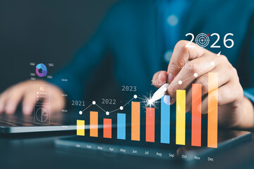 Businessman analyzing digital bar charts and growth trends, representing financial forecasting, KPI dashboards, and business performance analytics.