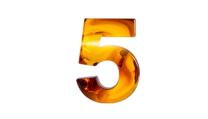 A numeral "5" appears to be sculpted from molten gold with swirling highlights, set against a stark, black background