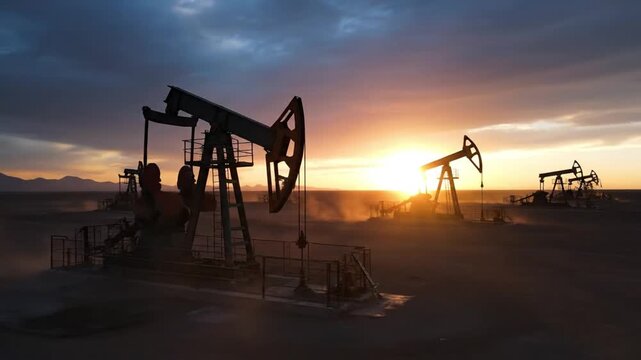 cinematic industrial video oil pump jacks working in desert landscape at sunset brightly illuminated heavy metal machinery pumping oil slow rhythmic motion golden hour sky with blue orange contrast du