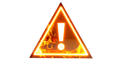 Glowing warning icon. Illuminated orange triangle with a bold white exclamation point, framed against a black backdrop, signifying danger or hazard