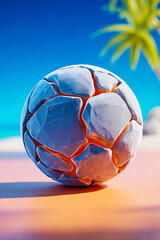 Fototapeta premium Cracked sphere in tropical landscape, palm tree background view